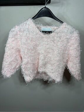 Sideffects Fuzzy Pink Eyelash Knit‎ Crop Sweater Top Coquette Y2K Aesthetic Soft